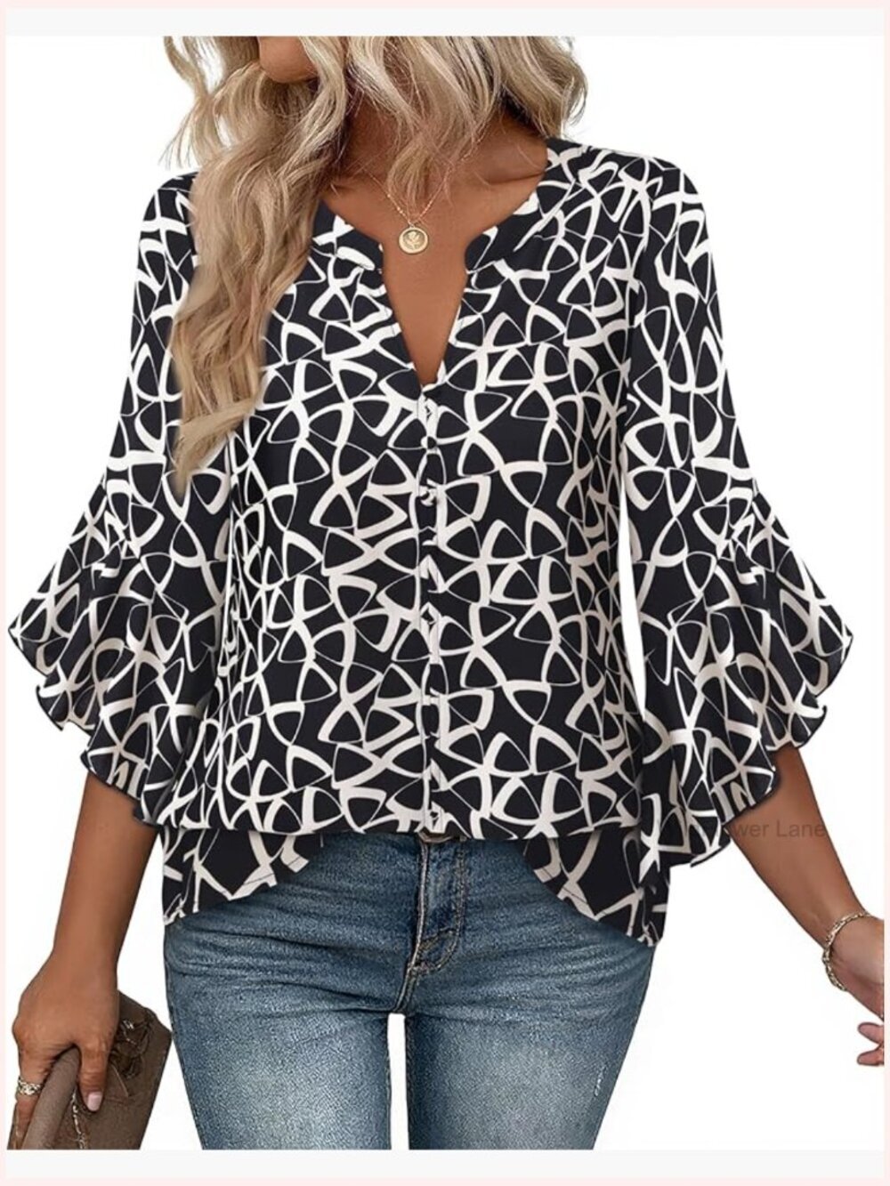 Dressy Casual Ruffle 3/4 Sleeve Henley V Neck Chiffon Blouse Button Down Top